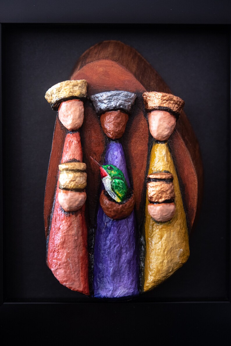Tradition of Puerto Rico Three Kings with San Pedrito bird in Recycled Paper Framed Art
