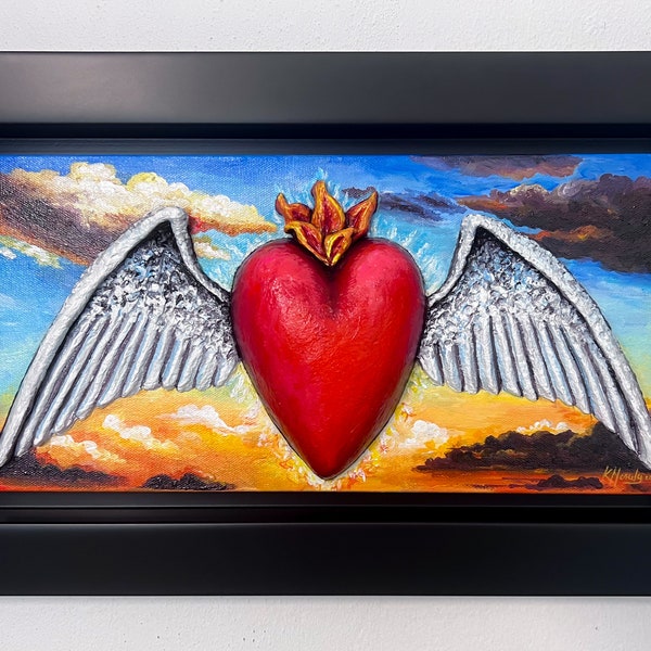 Recycled Paper Sacred Heart Sculpture Framed Art Acrylic Painting