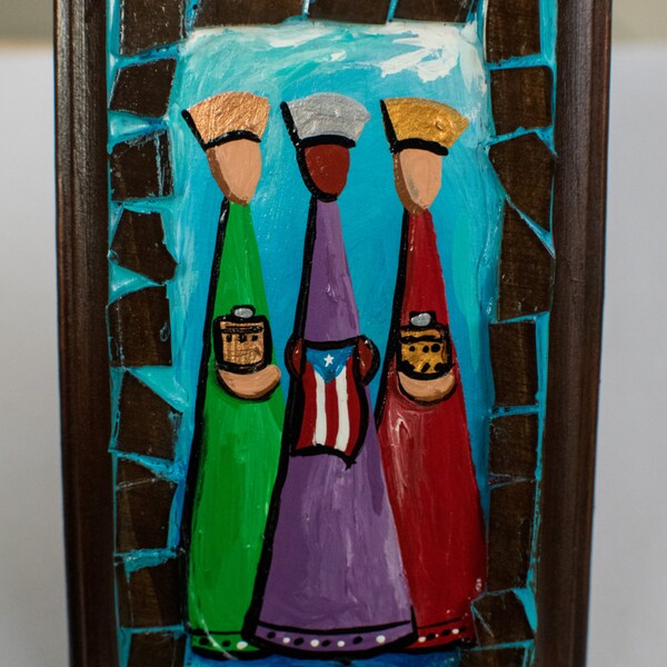 Three Kings hand painted wood base with mosaic