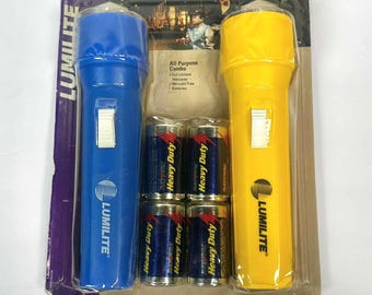 Vintage Rare LUMILITE Two Pack Flashlight Yellow and Blue New NOS 1990s