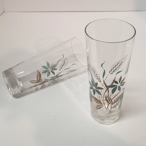 Vintage Glass Highballs Canadian Wheat Pattern Tumblers Georgian China Floral Transferware Aqua Teal and Brown Set of 2 MCM set of 2 only.