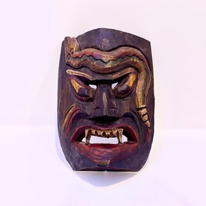 Vintage Hand Carved Wood Demon Devil Angry Fanged Snake Mask