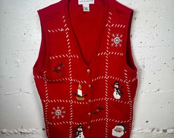 Vintage Ugly Christmas Sweater Tacky - L Red Croft & Barrow Tic Tac Snow! 90s 80s