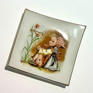 Miniature Square Hummel Inspired Porcelain Plate with Girl and Bird