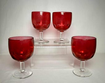 Vintage Bartlett Collins? Cranberry Thumbprint Water Goblets SET OF FOUR (4) 1950s