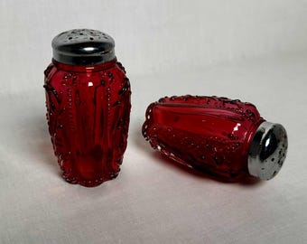 Antique Northwood, Panel and Sprig Design, Cranberry Rubina Glass S&P Shakers