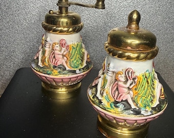 Vintage Macina Temperata Porcelain Pepper Mill & Salt Shaker Made In Italy