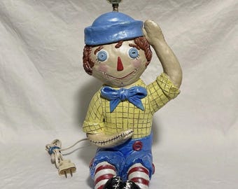 Vintage Novelty Rag Doll Table Lamp Painted Ceramic Cartoon Character Blue Yellow Red