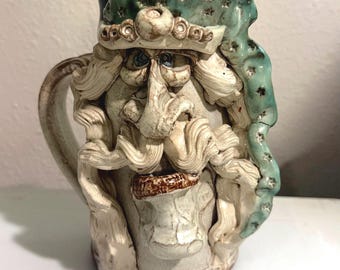 Ceramic Wizard Coffee Mug 12 fl oz Blue Rim Green Hat Beige Rustic Vintage