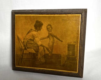 Vintage Hendrickson Sepia Print, Mother Bathing Daughter, Wood Framed Trivet