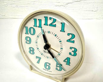 Vintage Westclox Wind Alarm Clock White Blue/Teal RARE 1970s