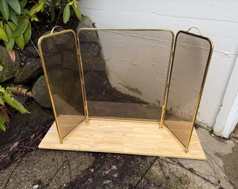 Vintage Foldable Brass Fireplace Screen Smokey Glass MCM