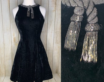 Betsy & Adam Velvet Beaded Dress // 1980s Fit and Flare // Full Skirt