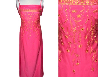 Escada Vintage Dress // Formal Maxi Prom 90s // Pink Embroidered Sequin // Size 38 US 8 Polyester