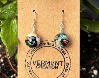 Handmade Multi Color Millefiori Glass Beads Sterling Silver Drop Earrings