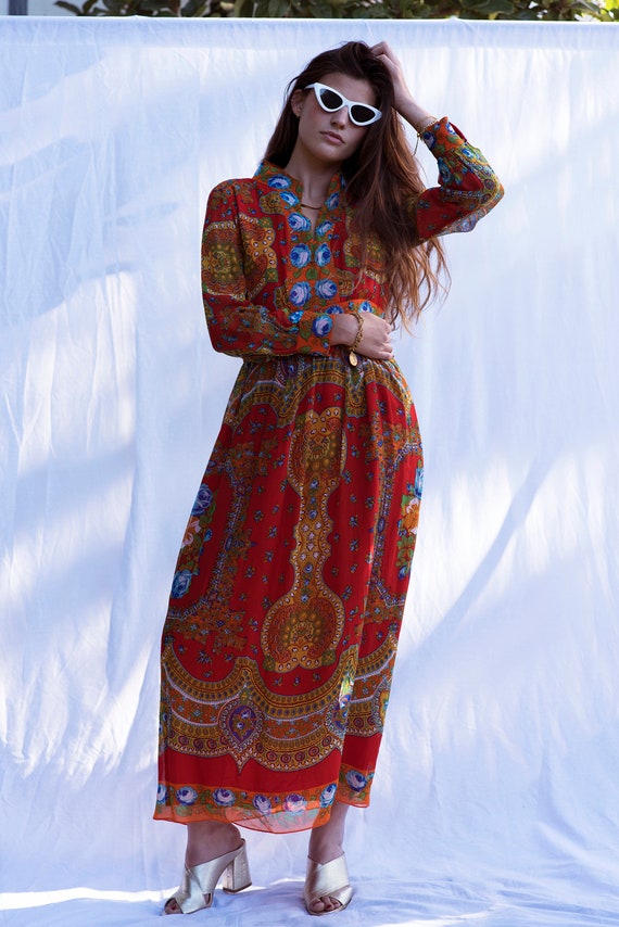 Vintage Red Boho Maxi Dress