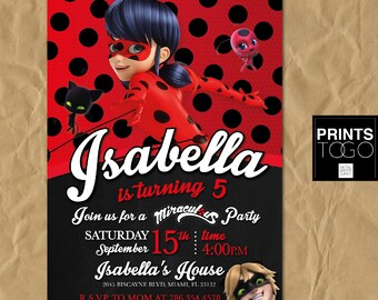 Miraculous Ladybug Invitation, Digital Printable Invite, Miraculous Ladybug Birthday Party, Customizable Card, Girl Birthday, Chat Noir