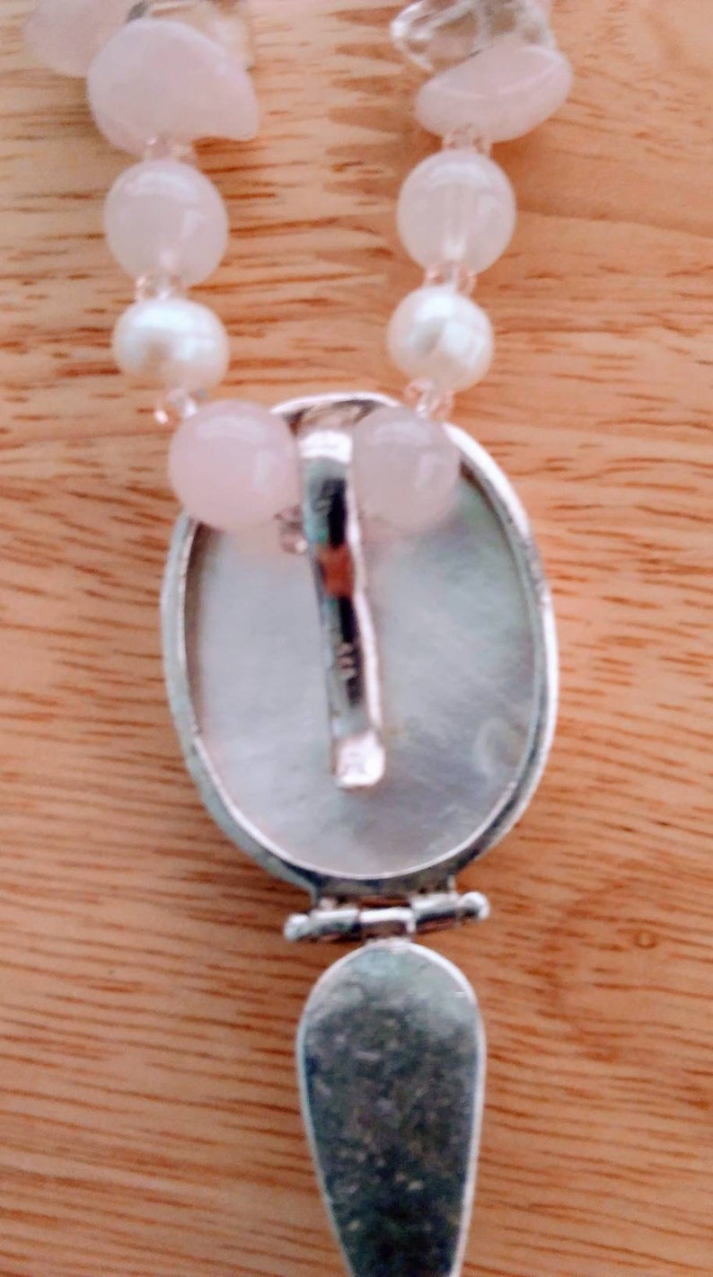 Carved Cameo qrtz and German crystal set in .925 sterling silver with faceted Rose Quartz mother of pearl swarovsky crystal pink qrtz
