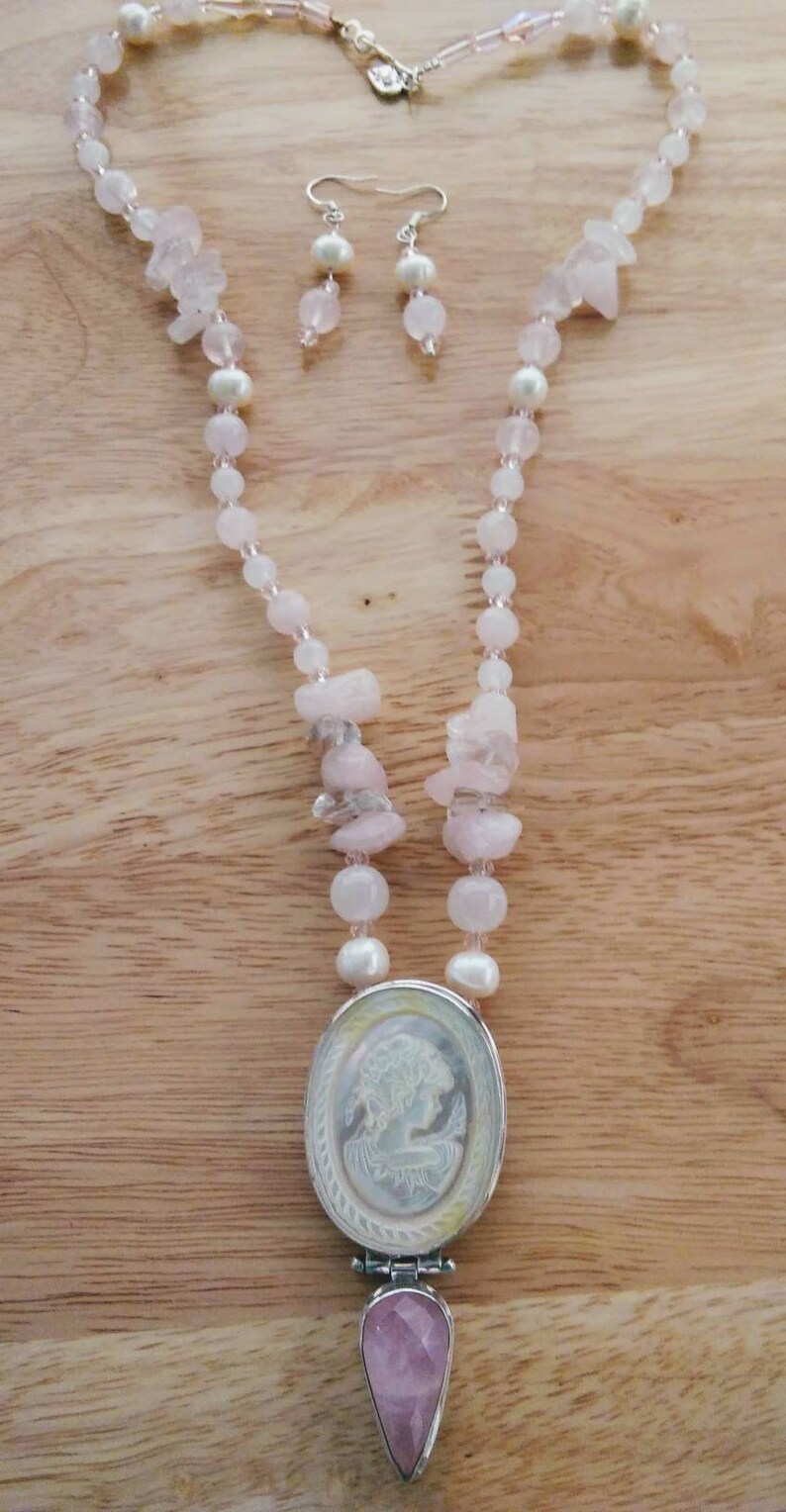Carved Cameo qrtz and German crystal set in .925 sterling silver with faceted Rose Quartz mother of pearl swarovsky crystal pink qrtz