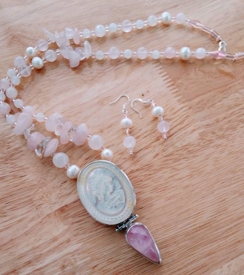 Carved Cameo qrtz and German crystal set in .925 sterling silver with faceted Rose Quartz mother of pearl swarovsky crystal pink qrtz
