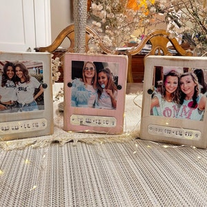 Big Sister Little Sister picture frame Big Sis Lil Sis Hand Stamped block photo frame white pink gray