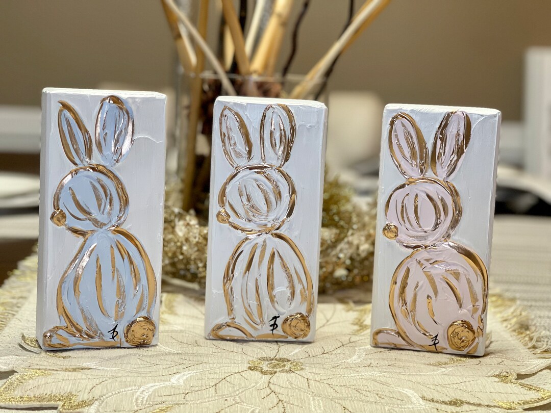 Easter Bunny Textured Wood Block Bunnies Gold Leaf Home Decor Etsy