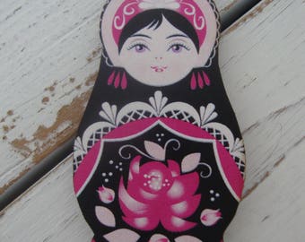 Russian Matroyshka Doll Brooch #7, Vintage Babushka Doll Illustrations on Laser Cut Wood, Wooden Russian Nesting Doll Brooch or Magnet