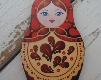 Russian Matroyshka Doll Brooch #11, Vintage Babushka Doll Illustrations on Laser Cut Wood, Wooden Russian Nesting Doll Brooch or Magnet