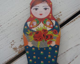 Russian Matroyshka Doll Brooch #5, Vintage Babushka Doll Illustrations on Laser Cut Wood, Wooden Russian Nesting Doll Brooch or Magnet