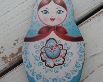 Russian Matroyshka Doll Brooch #4, Vintage Babushka Doll Illustrations on Laser Cut Wood, Wooden Russian Nesting Doll Brooch or Magnet