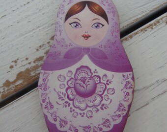 Russian Matroyshka Doll Brooch #1, Vintage Babushka Doll Illustrations on Laser Cut Wood, Russian Nesting Doll Brooch or Magnet