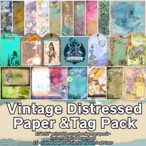 Vintage Collage Digital Printable Paper Pack - Multi-coloured - Scrapbook Journal Distressed Style