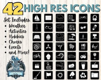 May include: A collection of 42 high-resolution black and white icons on a light wood background. The icons represent weather, activities, hobbies, chores, and events. The text reads "42 HIGH RES ICONS" and "Set Includes: Weather, Activities, Hobbies, Chores, Events and More!"
