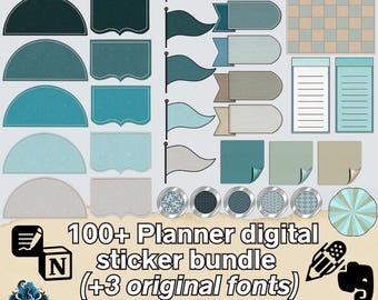 May include: A digital planner sticker bundle with over 100 elements in earth and blue tones. Includes flags, labels, and decorative elements with paper texture and metallic accents. Features the text "100+ Planner digital sticker bundle (+3 original fonts)".