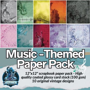 Music Themed 12”x12” Scrapbooking and Crafting Paper Pack - 10 Original High Quality Page Designs on heavy card stock for scrapbook layouts