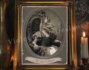 DIGITAL PRINT: The Lizard Queen 8"x10" - Downloadable Printable Gothic Portrait Goth Victorian Vintage Dinosaur Surreal Trex Digital Art