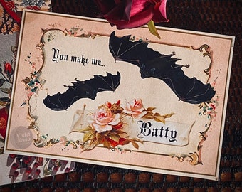 DIGITAL CARD: You Make Me Batty Valentine’s Day Love 4x6 inch Postcard - Victorian Vintage Gothic Bats Antique Valloween Creepy Download PDF