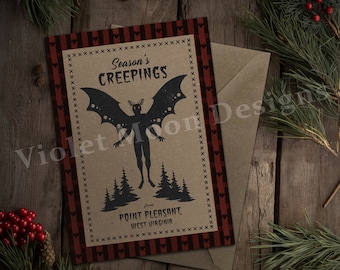 DIGITAL CARD: Mothman Season's Creepings 5x7 inch Holiday Greeting Card - Cryptid Gothic Yule Christmas Creepy Creepmas Download PDF