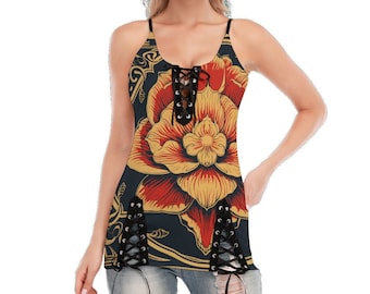 Camiseta sin mangas con cordones y ojales con cuello en V para mujer