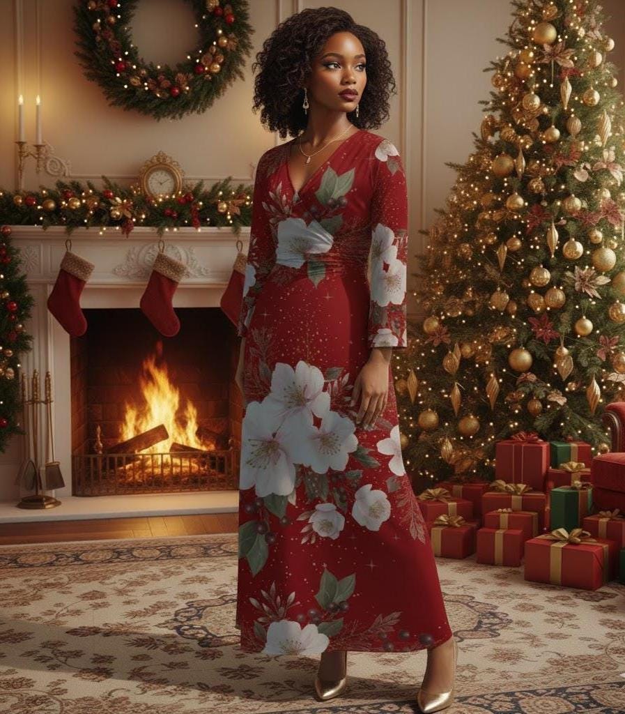 Festive Christmas Maxi Dress for Women  Green Holiday Party Gown  Winter  Floral Print  Elegant Dinner Dress - Etsy