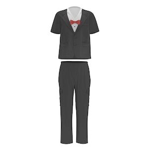 May include: A dark gray short-sleeved suit with a white collared shirt, a red bow tie, and matching dark gray pants. The pants have cargo pockets. The suit jacket has two buttons and two front pockets.
