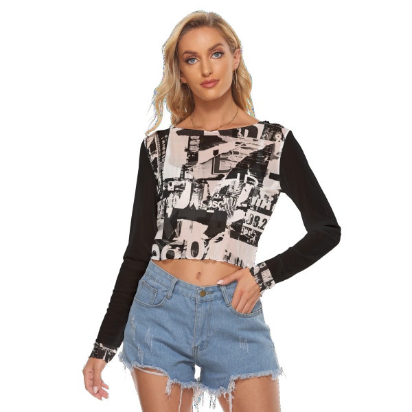 Women's Sheer Long Sleeved Mesh Top - Black and White Newspaper Print