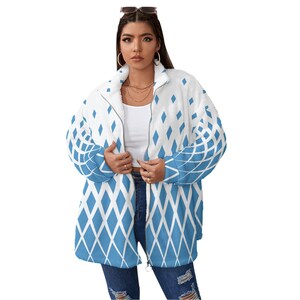 May include: A white and blue patterned fleece jacket with a zipper closure. The jacket has a diamond pattern with blue diamonds on a white background.