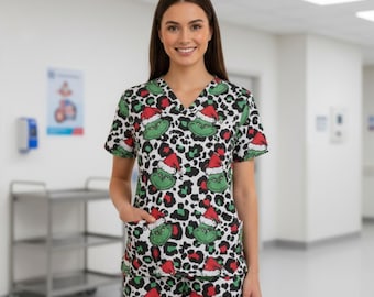 Grinch Leopard Print Scrub Set, Holiday Work Uniform, V-Neck Nurse Top