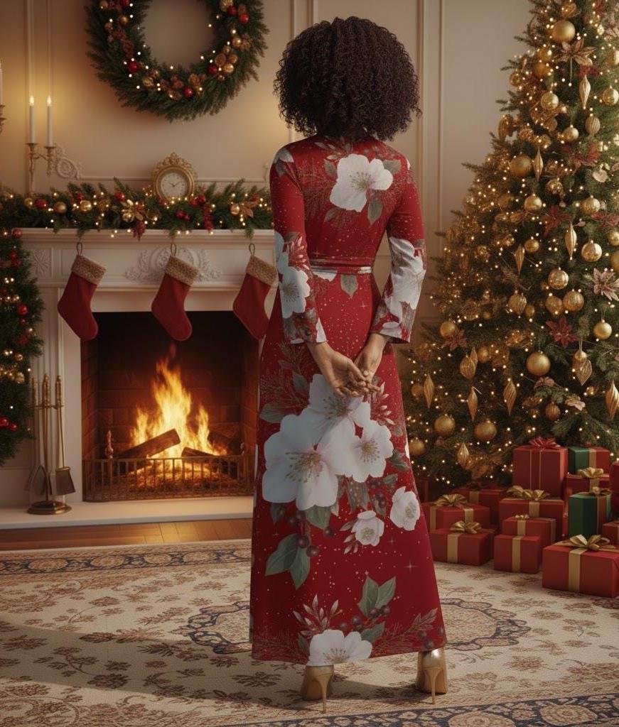 Festive Christmas Maxi Dress for Women  Green Holiday Party Gown  Winter  Floral Print  Elegant Dinner Dress - Etsy
