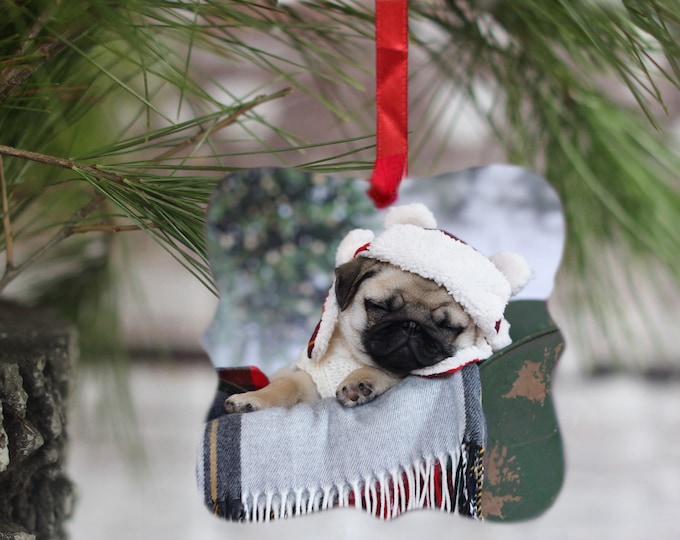 Pug Ornament - Baby Pug Asleep on a Sleigh - Gift for Pug Lovers by Pugs and Kisses