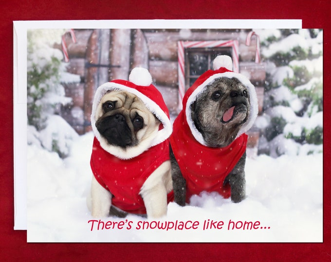 CHRISTMAS Card - There's Snowplace Like Home - Pug Christmas Card - 5x7