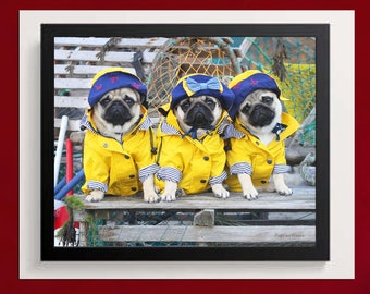 Pug Wall Art - Fishermen Pug Pups - Pug Puppies Art Print - Pug Gift - by Pugs and Kisses 5x7 8x10 11x14 16x20