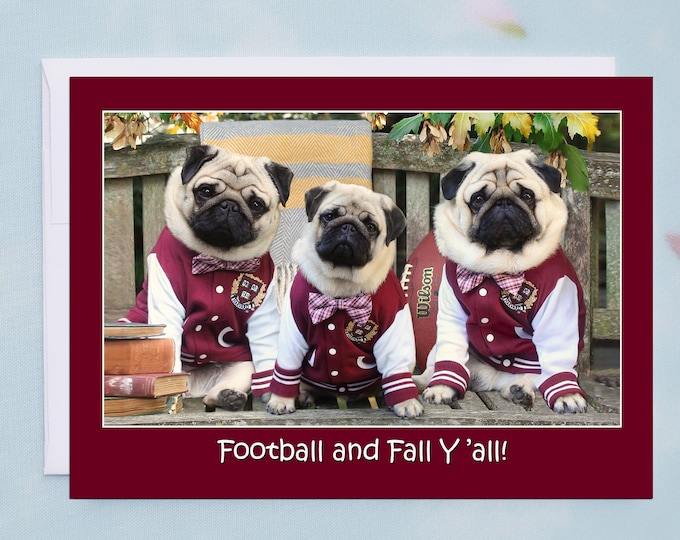 ALL NEW THANKSGIVING Card - Football and Fall Y'all - Funny Pug Thanksgiving Card 5x7
