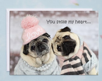 Pug Valentine Card - You Stole My Heart - 5x7 Valentine's Day Pug Card